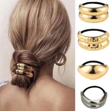 Papasgix Metal Hair Ties - Geometric Elastic Hair Ties for Thick Hair (Gold+Silver-3)
