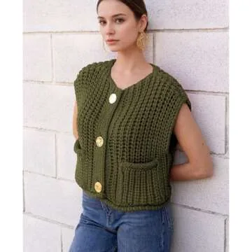 Hixiaohe Womens Crochet Chunky Knit Top Sleeveless Button Down Crop Tops Trendy Cardigan Sweater Vest for Women with Pockets(Army-Green,L)