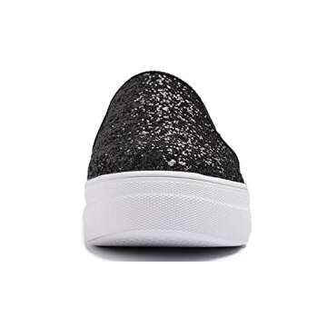 FEVERSOLE Women's Fashion Slip On Sneaker Casual Platform Loafers Glitter Black Size 7.5 M US