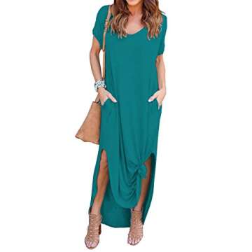 GRECERELLE Women's Casual Loose Pocket Long Dress Short Sleeve Split Maxi Dresses Aicd Blue-Small