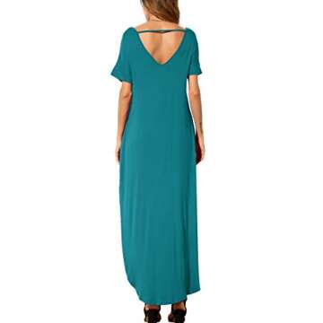 GRECERELLE Women's Casual Loose Pocket Long Dress Short Sleeve Split Maxi Dresses Aicd Blue-Small