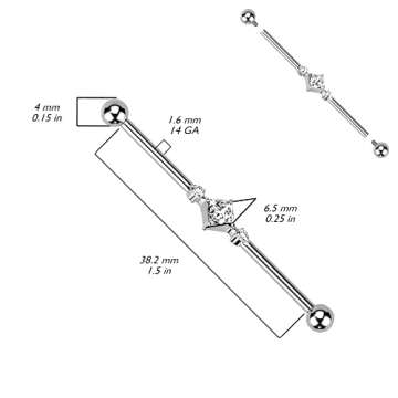 Pierced Owl 14GA G23 Implant Grade Titanium 2 Round CZ Crystals and Square Crystal Center Internally...