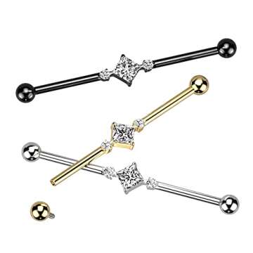 Pierced Owl 14GA G23 Implant Grade Titanium 2 Round CZ Crystals and Square Crystal Center Internally Threaded Industrial Barbell (Gold Tone)