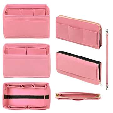 DailyPlus Purse Organizer Insert with Zipper Felt Bag Organizer Handbag Organizer Insert Bag in Bag Organizer with Key Chain for Tote Purse Bag Pink Large