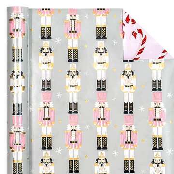 WRAPAHOLIC Reversible Christmas Wrapping Paper - Mini Roll - 17 Inch X 33 Feet - Nutcracker and Candy Cane Printed on Pearlized Paper for Chrsitmas, Holiday, Party Celebration
