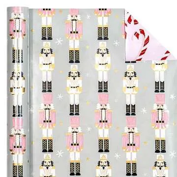 WRAPAHOLIC Reversible Christmas Wrapping Paper - Mini Roll - 17 Inch X 33 Feet - Nutcracker and Candy Cane Printed on Pearlized Paper for Chrsitmas, Holiday, Party Celebration