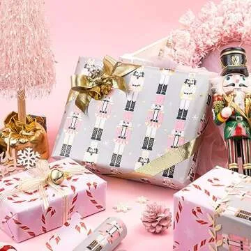 WRAPAHOLIC Reversible Christmas Wrapping Paper - Mini Roll - 17 Inch X 33 Feet - Nutcracker and Candy Cane Printed on Pearlized Paper for Chrsitmas, Holiday, Party Celebration