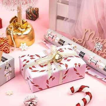 WRAPAHOLIC Reversible Christmas Wrapping Paper - Mini Roll - 17 Inch X 33 Feet - Nutcracker and Candy Cane Printed on Pearlized Paper for Chrsitmas, Holiday, Party Celebration