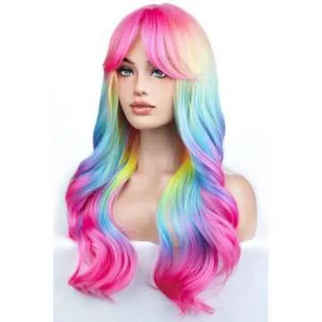 BERON Rainbow Ombre Wigs Long Wavy Wig for Women with Bangs Colorful Ombre Costume Curly Heat Resist...