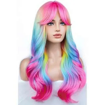 BERON Rainbow Ombre Wigs Long Wavy Wig for Women with Bangs Colorful Ombre Costume Curly Heat Resistant Synthetic Hair Wigs for Cosplay or Daily