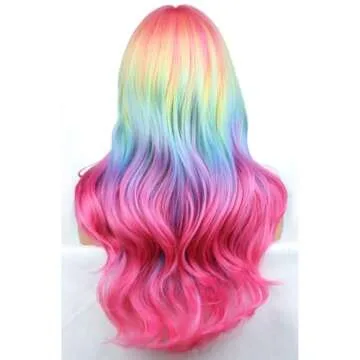 BERON Rainbow Ombre Wigs Long Wavy Wig for Women with Bangs Colorful Ombre Costume Curly Heat Resistant Synthetic Hair Wigs for Cosplay or Daily