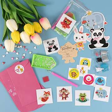 Valentines Day Cards for Kids - 28pcs Diamond Animal Craft Kits Valentines Cards, Kids Valentines Day Cards with 7 Different Gem Stickers for School Classroom Valentine's Gifts Exchange Decorations