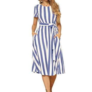levaca Womens Casual Striped Loose Flowy Belt Tunic Work Midi Dress Light Blue S