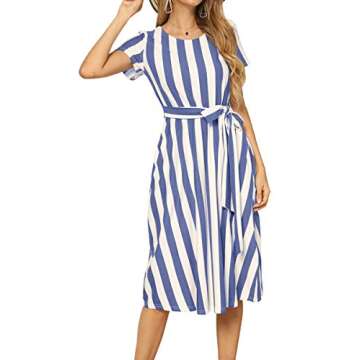levaca Womens Casual Striped Loose Flowy Belt Tunic Work Midi Dress Light Blue S