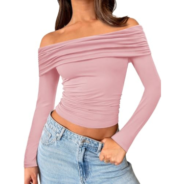Trendy Queen Women Long Sleeve Shirts Off Shoulder Tops Going Out Crop Sexy Slim Fitted Y2K Fall Out...
