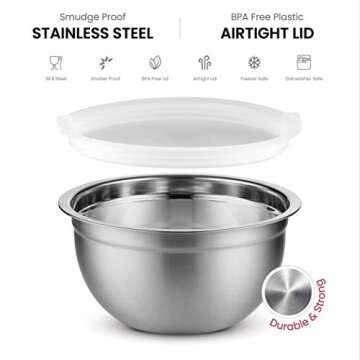 FineDine Stainless Steel Mixing Bowls Set with Lids, Home Kitchen Cooking Essentials Household Must Haves for Baking, 5 Pieces