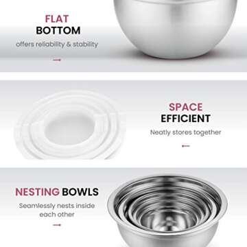 FineDine Stainless Steel Mixing Bowls Set with Lids, Home Kitchen Cooking Essentials Household Must Haves for Baking, 5 Pieces