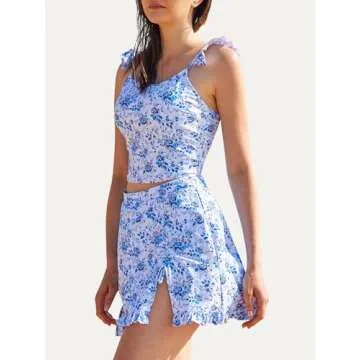 Tankini Swimsuits Tummy Control Bathing Suits for Women Swimming Suits Modest Ladies Swimsuits for Women Push Up Two Piece with Skirt High Waist Slimming Tankini Set Swimwear Blue Flower X-Large