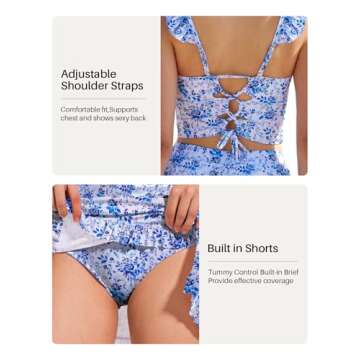 Tankini Swimsuits Tummy Control Bathing Suits for Women Swimming Suits Modest Ladies Swimsuits for Women Push Up Two Piece with Skirt High Waist Slimming Tankini Set Swimwear Blue Flower X-Large