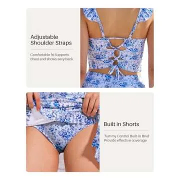 Tankini Swimsuits Tummy Control Bathing Suits for Women Swimming Suits Modest Ladies Swimsuits for Women Push Up Two Piece with Skirt High Waist Slimming Tankini Set Swimwear Blue Flower X-Large