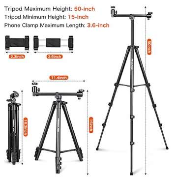 UBeesize 50-inch Phone Tripod Stand with Extended Arm, Portable Horizontal Tripod with 360° Adjusta...