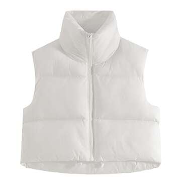 Fuinloth Women's Padded Vest, High Stand Collar Lightweight Zip Crop Puffy Gilet White M