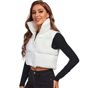 Fuinloth Women's Padded Vest, High Stand Collar Lightweight Zip Crop Puffy Gilet White M