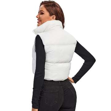Fuinloth Women's Padded Vest, High Stand Collar Lightweight Zip Crop Puffy Gilet White M