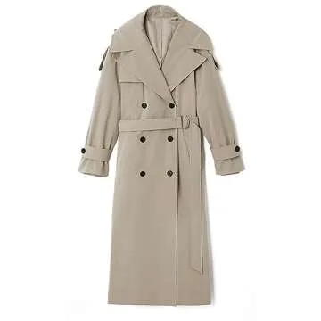 Farktop Womens Oversized Long Trench Coat Double Breasted Lapel Windproof Overcoat with Belt