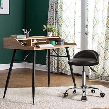KKTONER PU Leather Round Rolling Stool with Back Rest Height Adjustable Swivel Drafting Work SPA Tas...