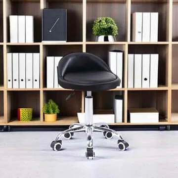 KKTONER PU Leather Round Rolling Stool with Back Rest Height Adjustable Swivel Drafting Work SPA Task Chair with Wheels Black