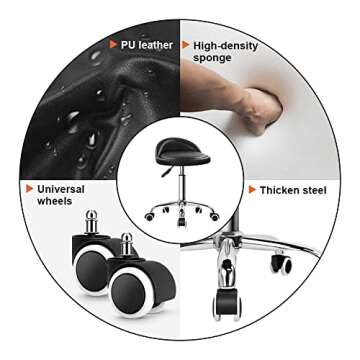 KKTONER PU Leather Round Rolling Stool with Back Rest Height Adjustable Swivel Drafting Work SPA Task Chair with Wheels Black