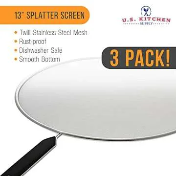 U.S. Kitchen Supply Set of 3 Classic 13" Splatter Screens - Stainless Steel Fine Mesh, Comfort Grip Handles - Use on Boiling Pots Frying Pans - Grease Oil Guard, Safe Cooking Splash Protection Lid