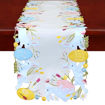 Simhomsen Embroidered Colorful Eggs and Bunny Table Runners Dresser Scarf for Easter Holiday or Spri...
