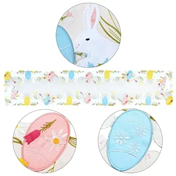 Simhomsen Embroidered Colorful Eggs and Bunny Table Runners Dresser Scarf for Easter Holiday or Spring Season (14 x 69 inches)