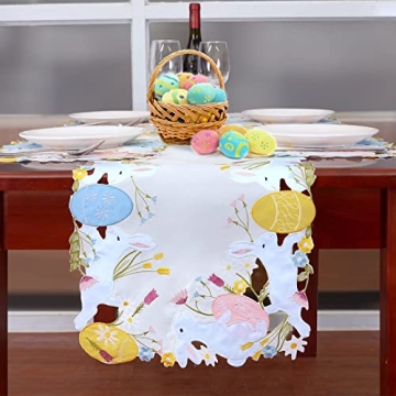 Simhomsen Embroidered Colorful Eggs and Bunny Table Runners Dresser Scarf for Easter Holiday or Spring Season (14 x 69 inches)