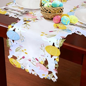 Simhomsen Embroidered Colorful Eggs and Bunny Table Runners Dresser Scarf for Easter Holiday or Spring Season (14 x 69 inches)