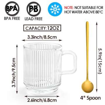 Ymyaye Clear Glass Coffee Mug Set of 4, 12 Ounces Ribbed Glassware with Spoon, Classic Vertical Stri...