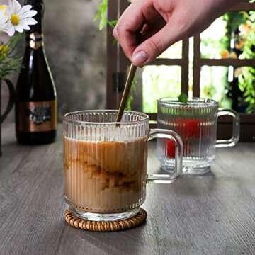 Ymyaye Clear Glass Coffee Mug Set of 4, 12 Ounces Ribbed Glassware with Spoon, Classic Vertical Stripes Tea Mugs for Soda, Latte, Espresso, Cappuccino, Gift for Birthday Holidays Wedding Anniversary