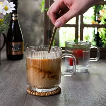 Ymyaye Clear Glass Coffee Mug Set of 4, 12 Ounces Ribbed Glassware with Spoon, Classic Vertical Stripes Tea Mugs for Soda, Latte, Espresso, Cappuccino, Gift for Birthday Holidays Wedding Anniversary