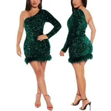 PORRCEY Sexy Women Sequins One Shoulder Feather Mini Dress Party Club Evening Dress(Y9287,Green,M)