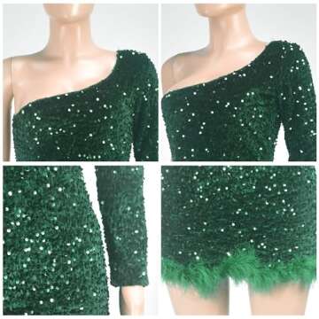 PORRCEY Sexy Women Sequins One Shoulder Feather Mini Dress Party Club Evening Dress(Y9287,Green,M)