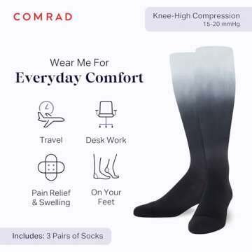 Comrad 3-Pack Nylon Knee High Compression Socks for All-Day Comfort