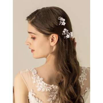 Fstrend Bridal Wedding Hair Pins Silver Sparkly Rhinestones Pearls Flower Hair Pin Bride Hairpieces Gorgeous Hair Accessories for Women(Pack of 2) (Silver)