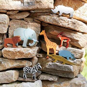 Tender Leaf Toys Safari Animals – 8 Wooden Zoo Figurines with a Display Shelf -Classic Toy for Pre...