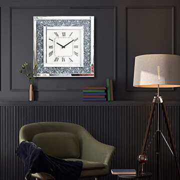 Crush Diamond Mirrored Square Decorative Mirror Wall Clock for Home Decoration Crystal Sparkle Twinkle Bling Wall Décor. Size 19.7x19.7”, AA Battery not Included.