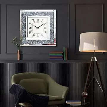 Crush Diamond Mirrored Square Decorative Mirror Wall Clock for Home Decoration Crystal Sparkle Twinkle Bling Wall Décor. Size 19.7x19.7”, AA Battery not Included.