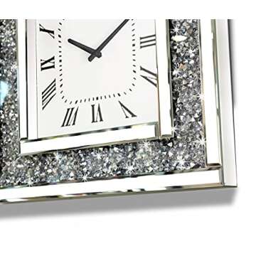 Crush Diamond Mirrored Square Decorative Mirror Wall Clock for Home Decoration Crystal Sparkle Twinkle Bling Wall Décor. Size 19.7x19.7”, AA Battery not Included.