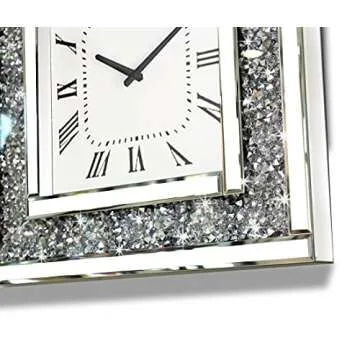 Crush Diamond Mirrored Square Decorative Mirror Wall Clock for Home Decoration Crystal Sparkle Twinkle Bling Wall Décor. Size 19.7x19.7”, AA Battery not Included.