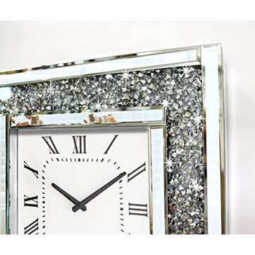 Crush Diamond Mirrored Square Decorative Mirror Wall Clock for Home Decoration Crystal Sparkle Twinkle Bling Wall Décor. Size 19.7x19.7”, AA Battery not Included.